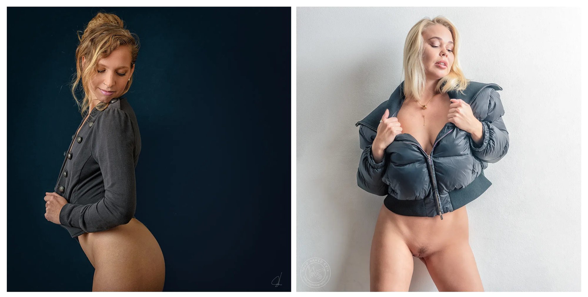 Twee vrouwen poseren naast elkaar: links een vrouw met opgestoken haar en donkergrijs jasje tegen een blauwe achtergrond, rechts een vrouw met blond haar en open donkergroene gewatteerde jas tegen een lichte muur.