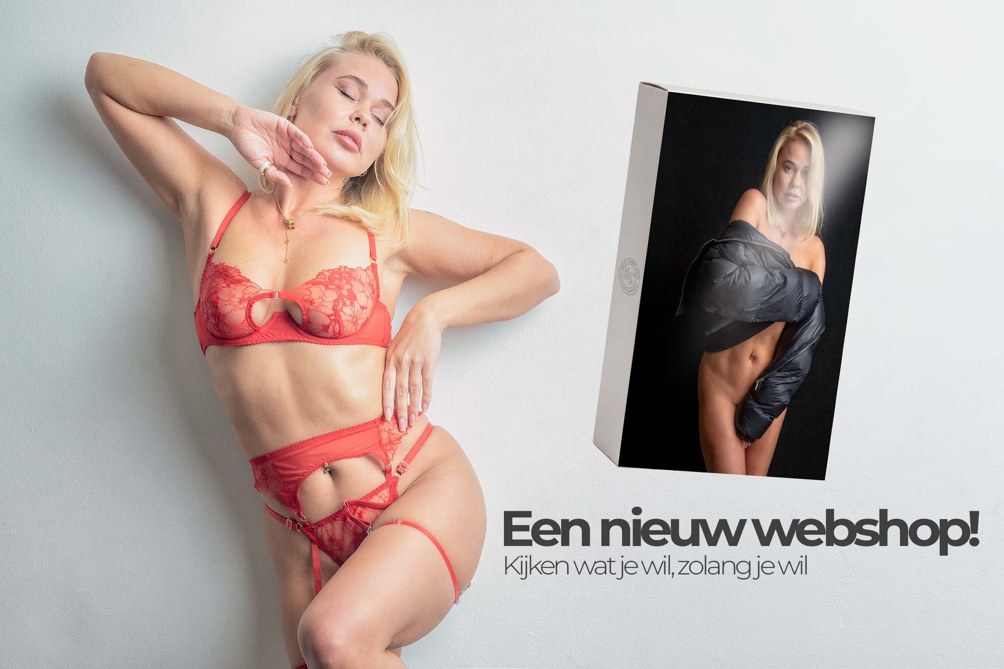 Promo afbeelding voor de nieuwe webshop met een vrouw in rode lingerie in een expressieve pose.